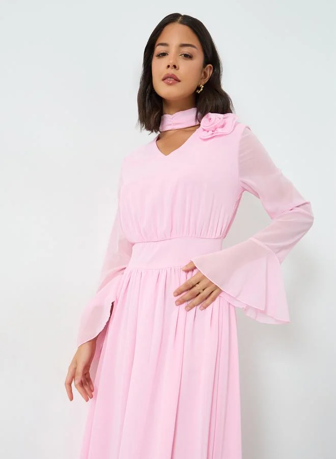 Styli  Pink Corsage Detail Midi Dress with Bell Sleeves for Women | Best Price UAE