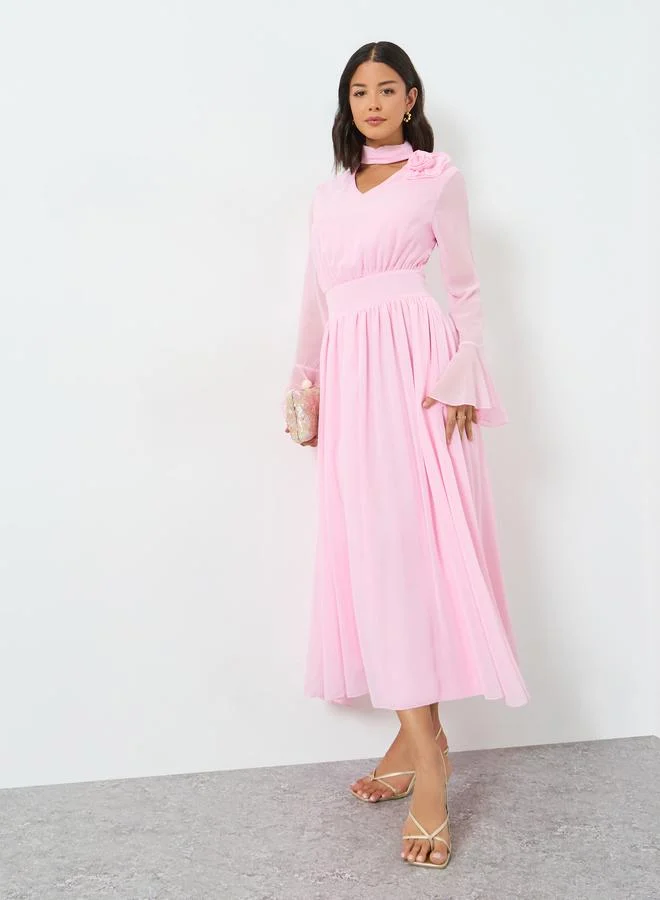 Styli  Pink Corsage Detail Midi Dress with Bell Sleeves for Women | Best Price UAE