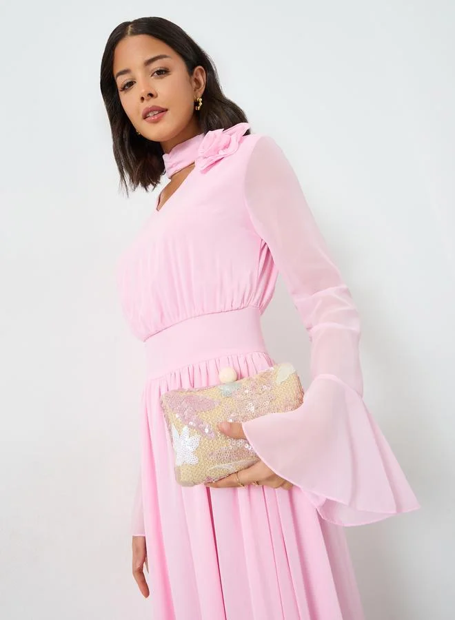 Pink Corsage Detail Midi Dress with Bell Sleeves