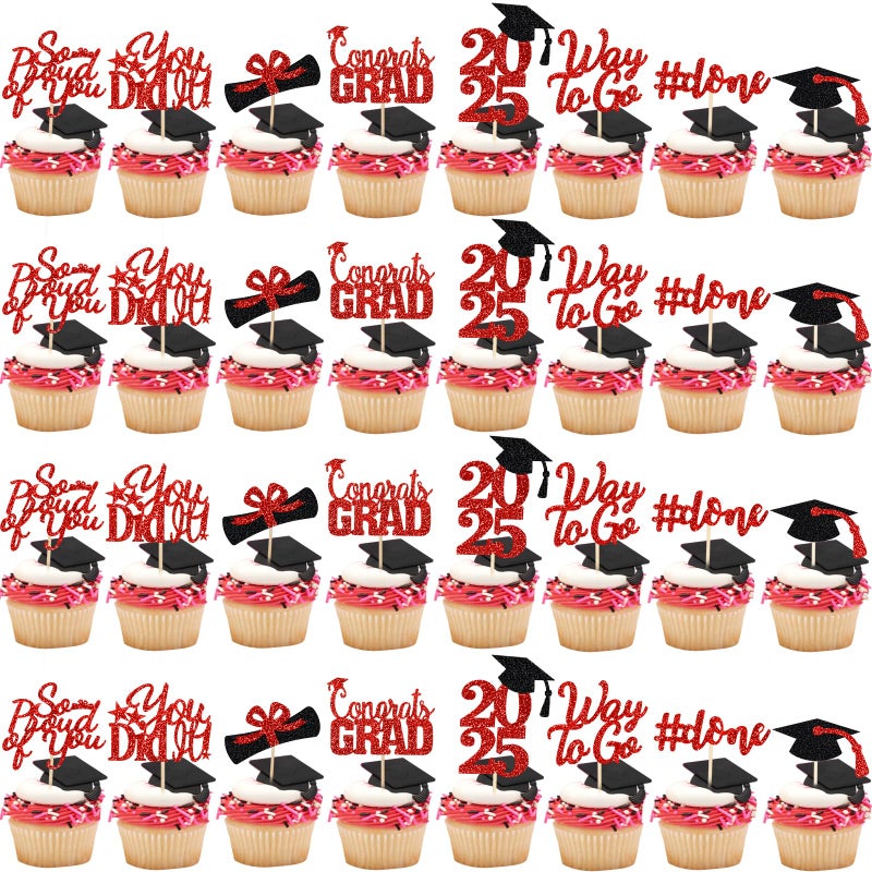 لي سكاي 32pcs Cupcake Cupcake Toppers 2025 Red Congrats Class of 2025 Cupcake Topcake for 2025 Party Cake Red - Image 2