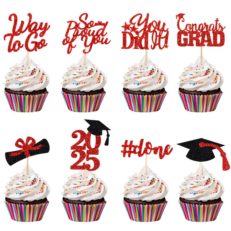 لي سكاي 32pcs Cupcake Cupcake Toppers 2025 Red Congrats Class of 2025 Cupcake Topcake for 2025 Party Cake Red - Image 1