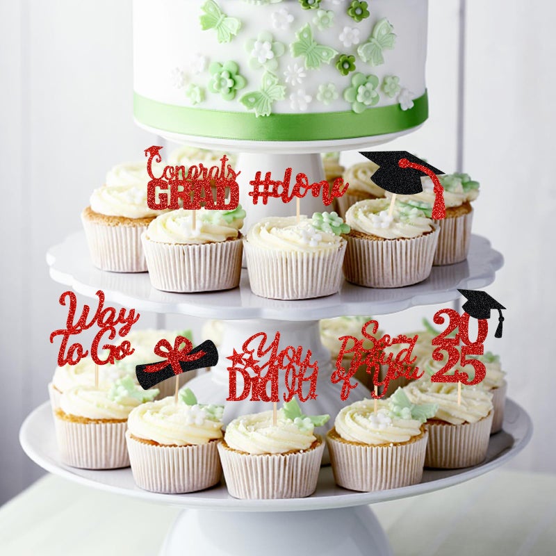 لي سكاي 32pcs Cupcake Cupcake Toppers 2025 Red Congrats Class of 2025 Cupcake Topcake for 2025 Party Cake Red - Image 3