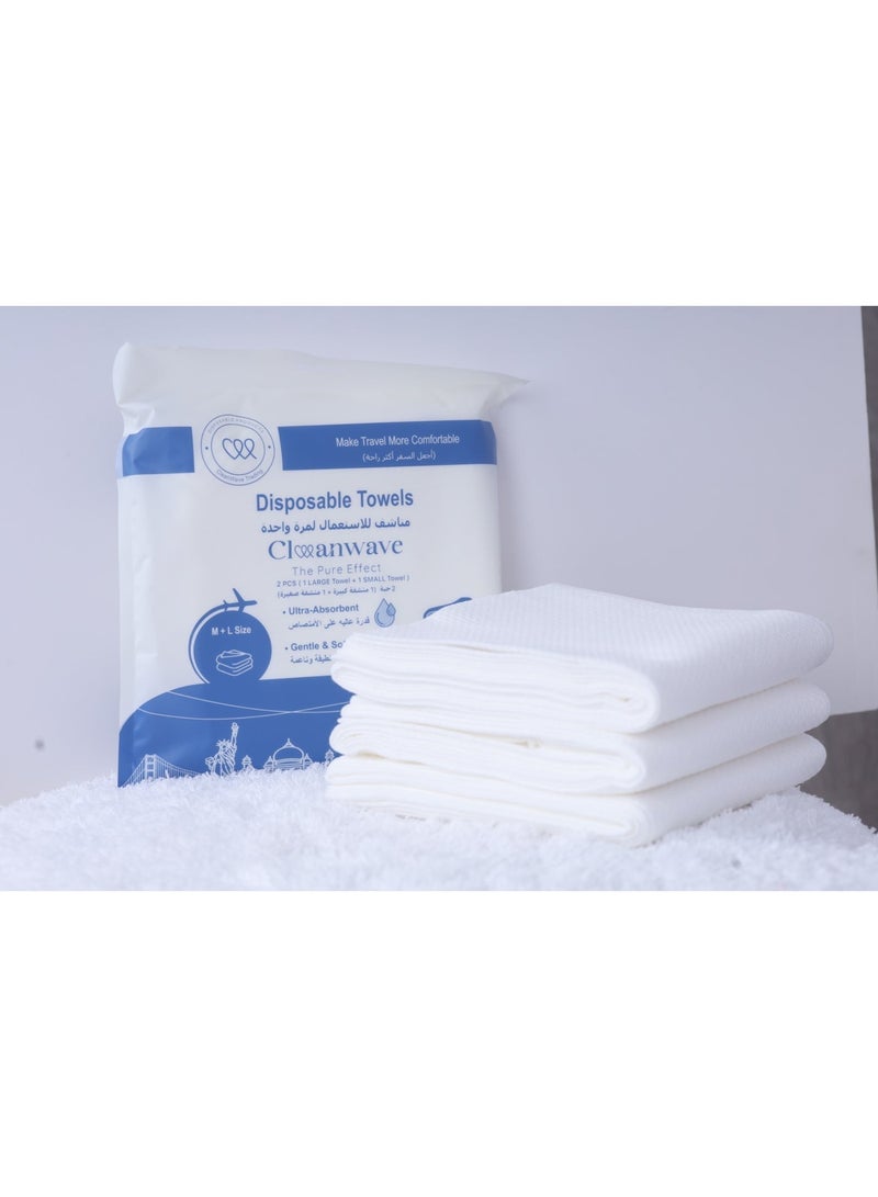 كلين ويف 10 عبوات تحتوي على  20 منشفة - مجموعة مناشف فاخرة يمكن التخلص منها مكونة من 20 قطعة –10 عبوات تحتوي على منشفة كبيرة (70×140 سم) ومنشفة صغيرة (30×60 سم) – مغلفة بشكل فردي،فيسكوز فائق النعومة، صديقة للبيئة، معقمة للسبا والسفر والضيوف - Image 2