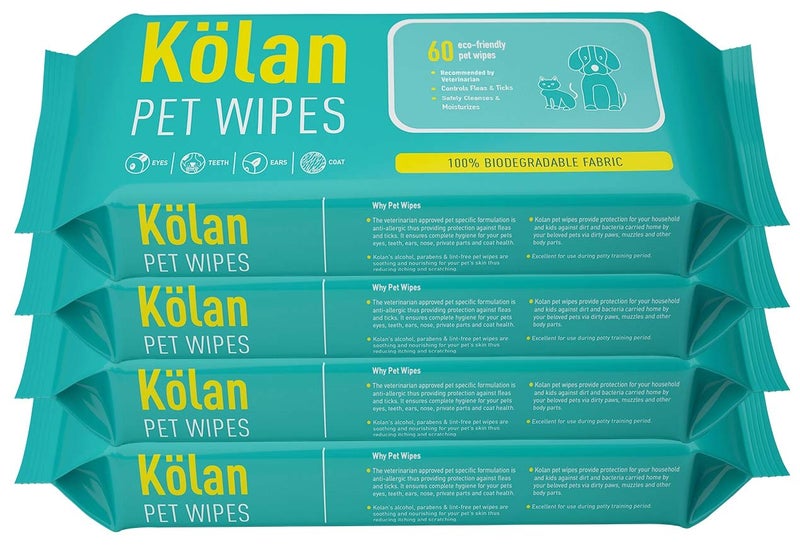 Kolan Eco-Friendly Pet Wipes 100% Biodegradable Fabric • Fragrance Free Grooming Wet Wipes for Dog | Cat | Puppies | Rabbit | Small Pets, 60 Count, 4 Pack - Image 1