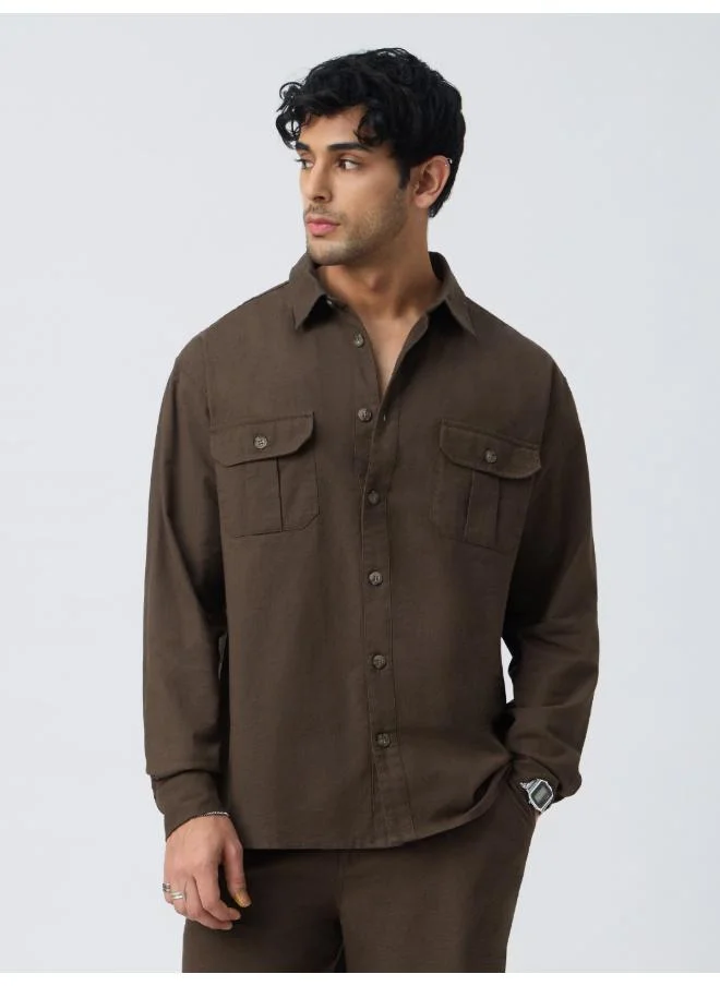 The Souled Store The Souled Store Men Cotton Linen Utility Mocha Shirts