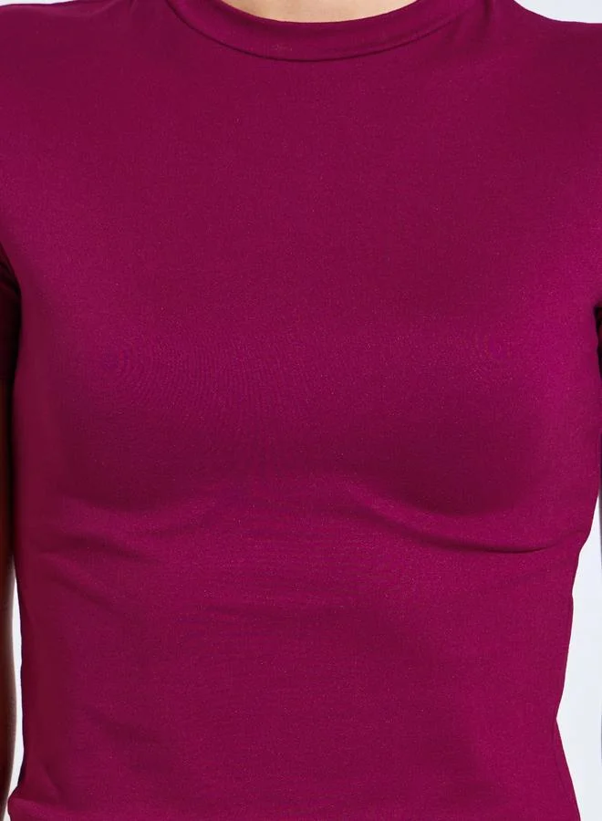 Styli Active  Burgundy Solid Fitted T-Shirt And Flared Pants Active Set for Women | Best Price UAE