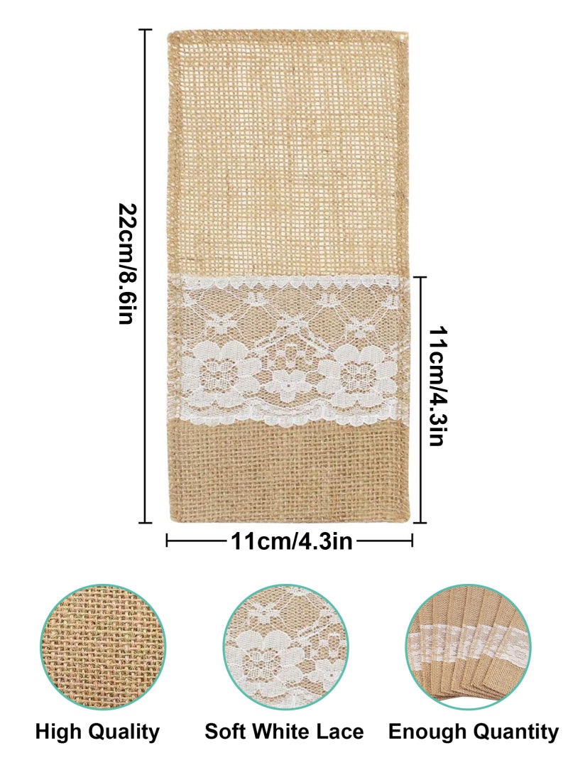 HomarKet 10 Pcs Burlap Utensil Pouch & Cutlery Holder - with Soft White Lace, Natural Linen Silverware Bags & Knife Bag Holder for Wedding, Party, Table Decor (Lace style) - Image 2