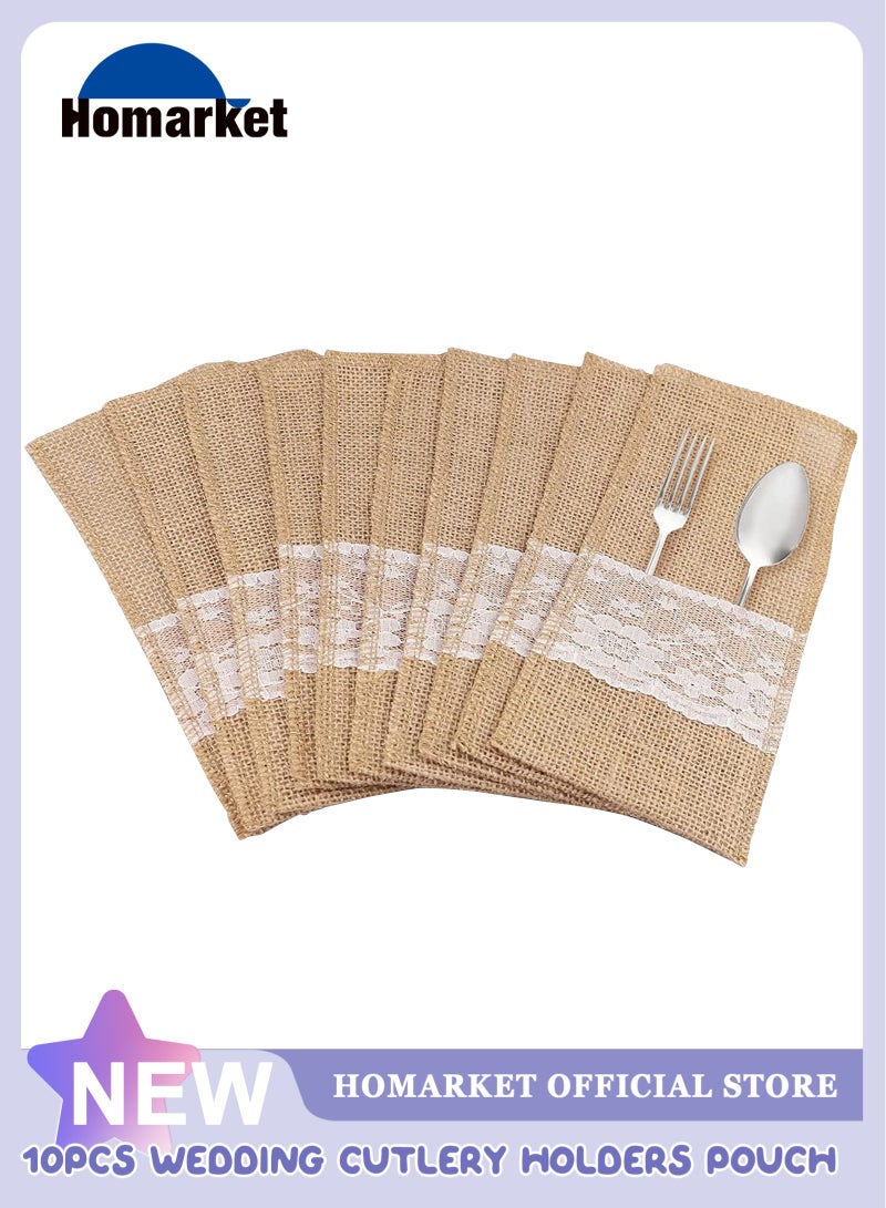 HomarKet 10 Pcs Burlap Utensil Pouch & Cutlery Holder - with Soft White Lace, Natural Linen Silverware Bags & Knife Bag Holder for Wedding, Party, Table Decor (Lace style) - Image 1