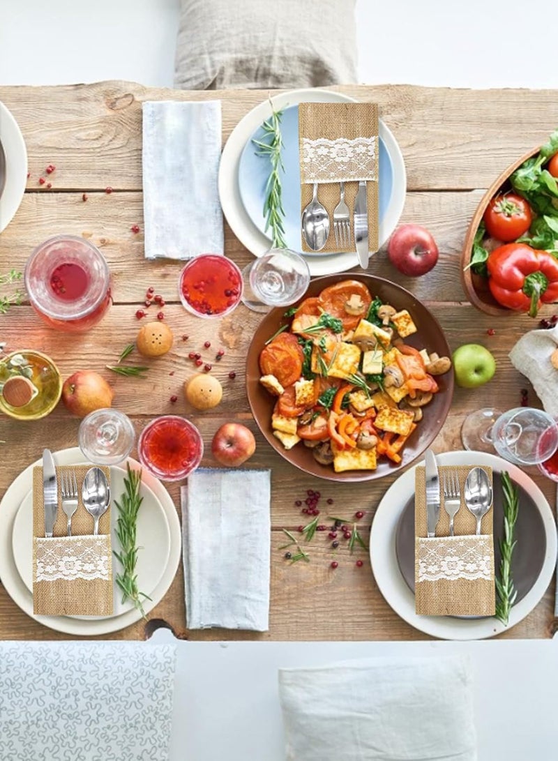 HomarKet 10 Pcs Burlap Utensil Pouch & Cutlery Holder - with Soft White Lace, Natural Linen Silverware Bags & Knife Bag Holder for Wedding, Party, Table Decor (Lace style) - Image 4