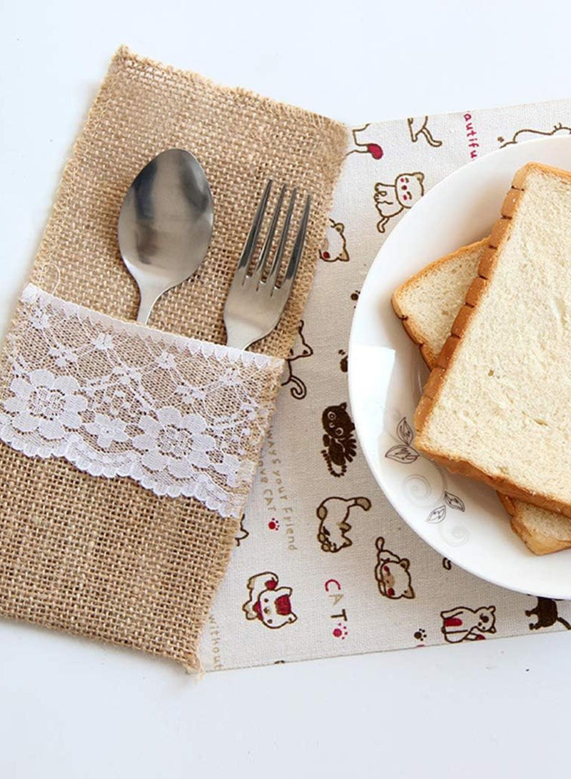 HomarKet 10 Pcs Burlap Utensil Pouch & Cutlery Holder - with Soft White Lace, Natural Linen Silverware Bags & Knife Bag Holder for Wedding, Party, Table Decor (Lace style) - Image 3