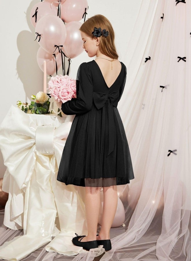 Arshiner فستان حفلة رسمي للأطفال من أرشينر، فستان عيد ميلاد أميرة مزين بالزهور، بأكمام طويلة وظهر على شكل V، فستان توتو من التول، لفصل الخريف، للأطفال، باللون الأسود، مقاس 5T - Image 3