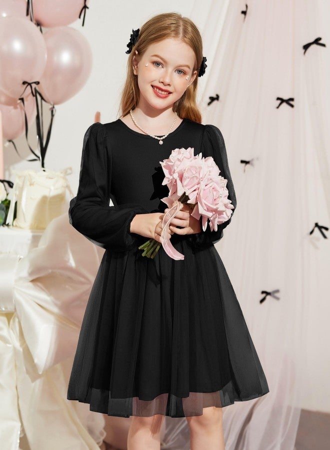 Arshiner فستان حفلة رسمي للأطفال من أرشينر، فستان عيد ميلاد أميرة مزين بالزهور، بأكمام طويلة وظهر على شكل V، فستان توتو من التول، لفصل الخريف، للأطفال، باللون الأسود، مقاس 5T - Image 2