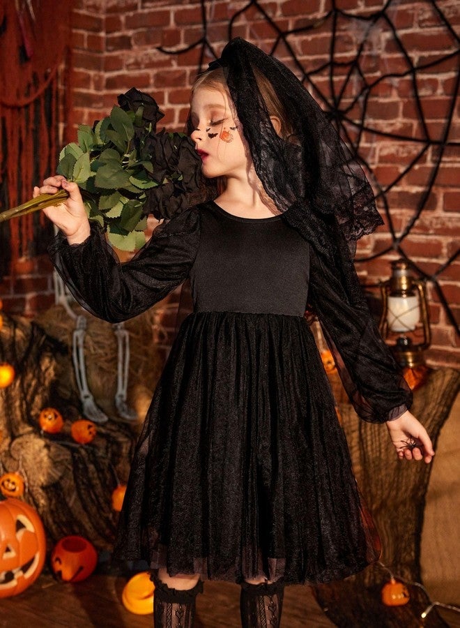 Arshiner فستان حفلة رسمي للأطفال من أرشينر، فستان عيد ميلاد أميرة مزين بالزهور، بأكمام طويلة وظهر على شكل V، فستان توتو من التول، لفصل الخريف، للأطفال، باللون الأسود، مقاس 5T - Image 4