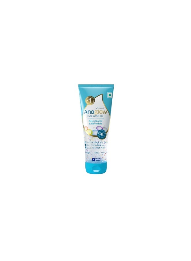 Ahaglow Advanced Face Wash Gel 50g with AHA(1% Glycolic Acid) Glow Bombs| Jojoba & Tea Tree Oil | Allantoin, Vitamin E & Oak bark Extract | No.1 Dermatologist Prescribed AHA Brand - By Torrent Pharma - Image 1