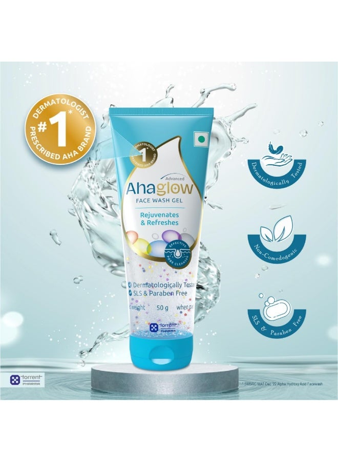 Ahaglow Advanced Face Wash Gel 50g with AHA(1% Glycolic Acid) Glow Bombs| Jojoba & Tea Tree Oil | Allantoin, Vitamin E & Oak bark Extract | No.1 Dermatologist Prescribed AHA Brand - By Torrent Pharma - Image 4