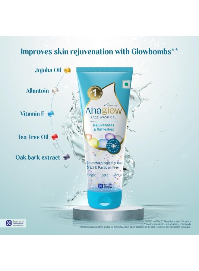 Ahaglow Advanced Face Wash Gel 50g with AHA(1% Glycolic Acid) Glow Bombs| Jojoba & Tea Tree Oil | Allantoin, Vitamin E & Oak bark Extract | No.1 Dermatologist Prescribed AHA Brand - By Torrent Pharma - Image 3