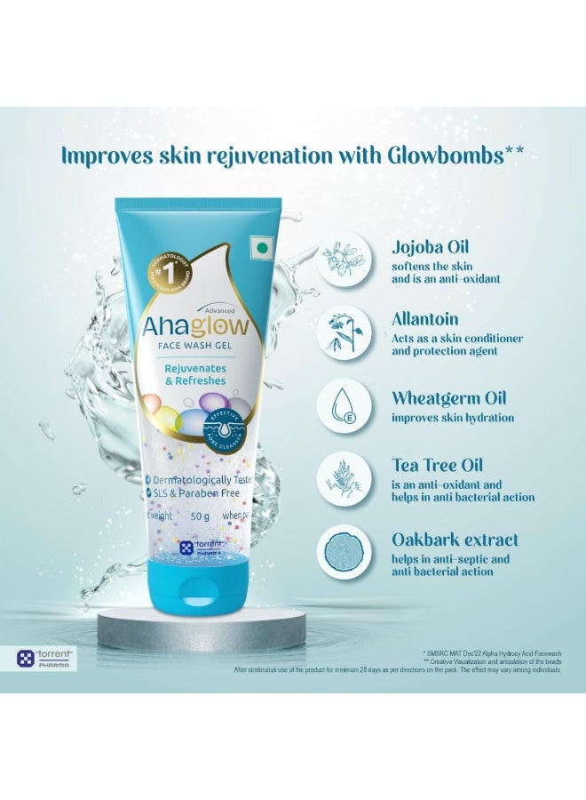 Ahaglow Advanced Face Wash Gel 50g with AHA(1% Glycolic Acid) Glow Bombs| Jojoba & Tea Tree Oil | Allantoin, Vitamin E & Oak bark Extract | No.1 Dermatologist Prescribed AHA Brand - By Torrent Pharma - Image 2
