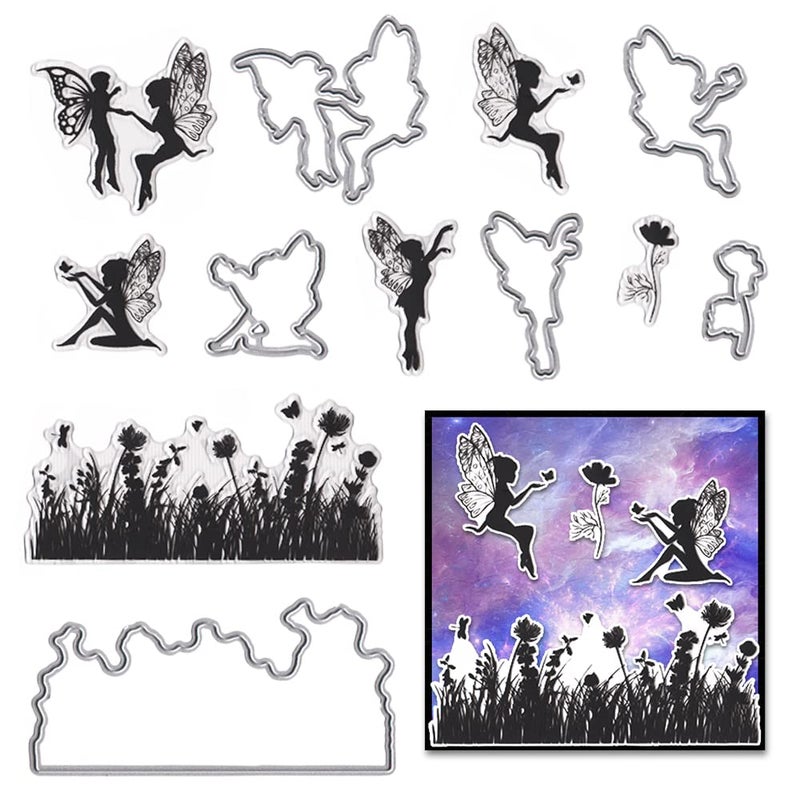 Hying Spring Fairy Flowers Butterfly Clear Stamps and Dies for Card Making Princess Girls Wings Rubber Stamps Floral Grass Fairy Die Cuts Seal for Crafting DIY Scrapbooking Photo Album Decorations
