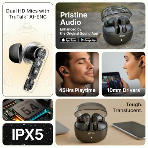 pTron Bassbuds Indie In-Ear TWS Earbuds w/ 10mm Drivers, 45Hrs Playtime, Dual HD Mic & AI-ENC Calls, Custom EQ, Mobile App, Bluetooth V5.4 Earphones, Voice Assistant, Type C Charging & IPX5(Jet Black) - Image 2