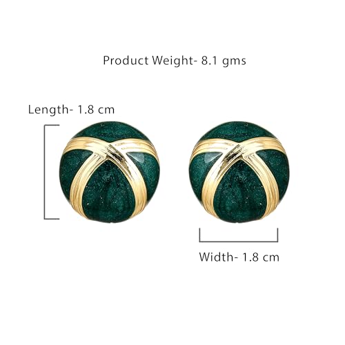 Estele Emerald Green Colour Enamel 24KT Gold Plated Non Precious Metal Round Stud Earrings for Women - Image 2