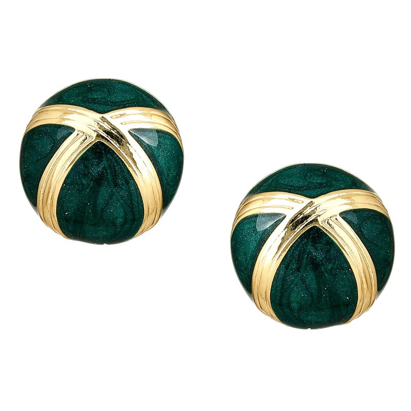 Estele Emerald Green Colour Enamel 24KT Gold Plated Non Precious Metal Round Stud Earrings for Women - Image 5