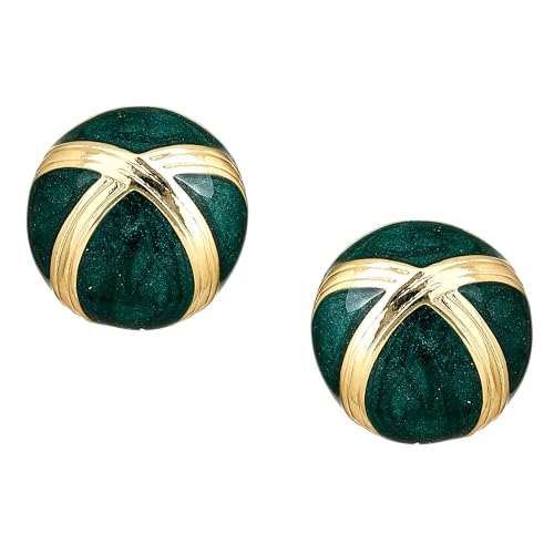 Estele Emerald Green Colour Enamel 24KT Gold Plated Non Precious Metal Round Stud Earrings for Women - Image 1
