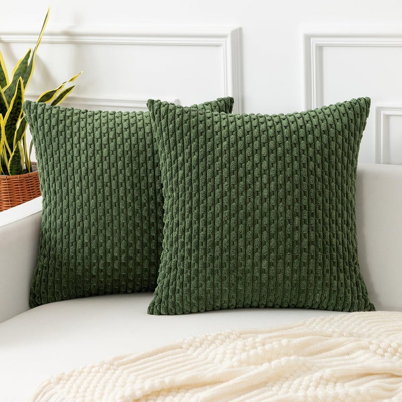 K KEVIN TEXTILE Kevin Textile Throw Pillow Covers Soft Corduroy Decorative Set of 2 Boho Striped Pillow Covers Pillowcases Farmhouse Home Decor for Couch Bed Sofa Living Room 18x18 Inch Moss Green  - Image 1