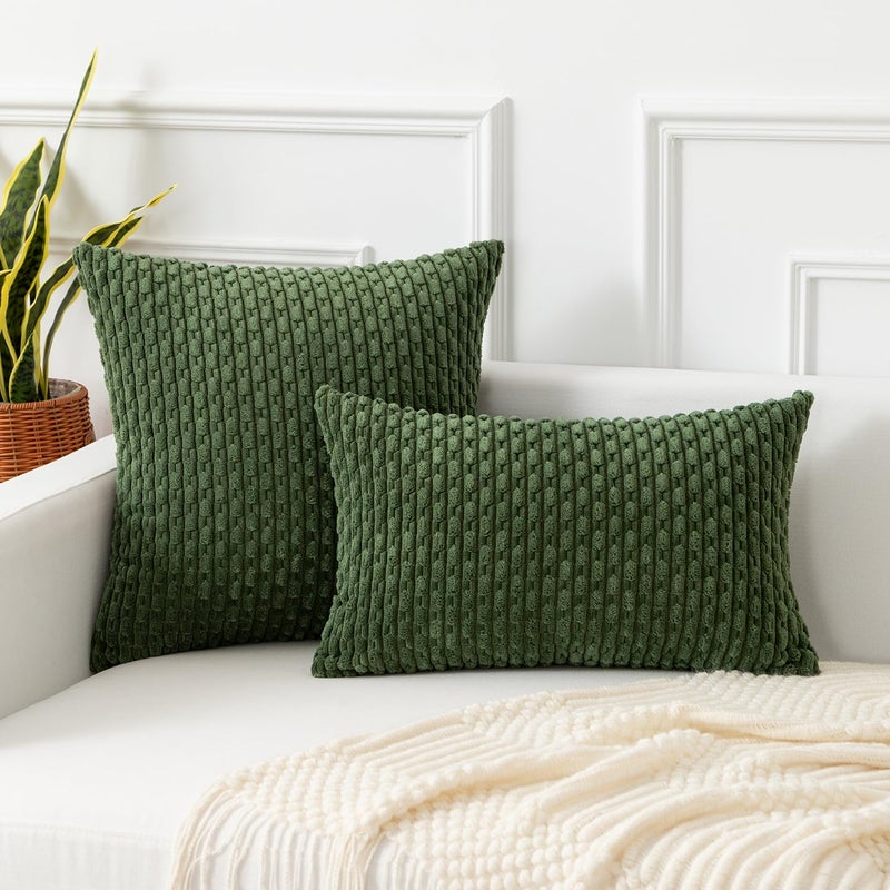 K KEVIN TEXTILE Kevin Textile Throw Pillow Covers Soft Corduroy Decorative Set of 2 Boho Striped Pillow Covers Pillowcases Farmhouse Home Decor for Couch Bed Sofa Living Room 18x18 Inch Moss Green  - Image 4
