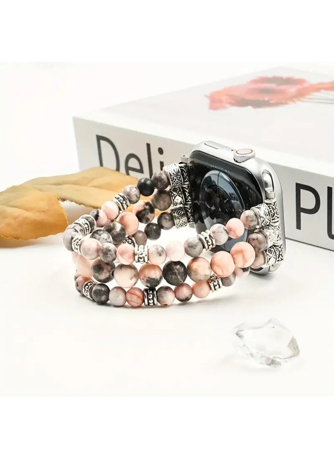 Generic - Beaded Powder Zebra Natural Stone Strap Smart Watch Band For Watch Wristband Series SE/9/8765-color:Pink Zebra Jade Strap: 38/40/41mm - Image 1