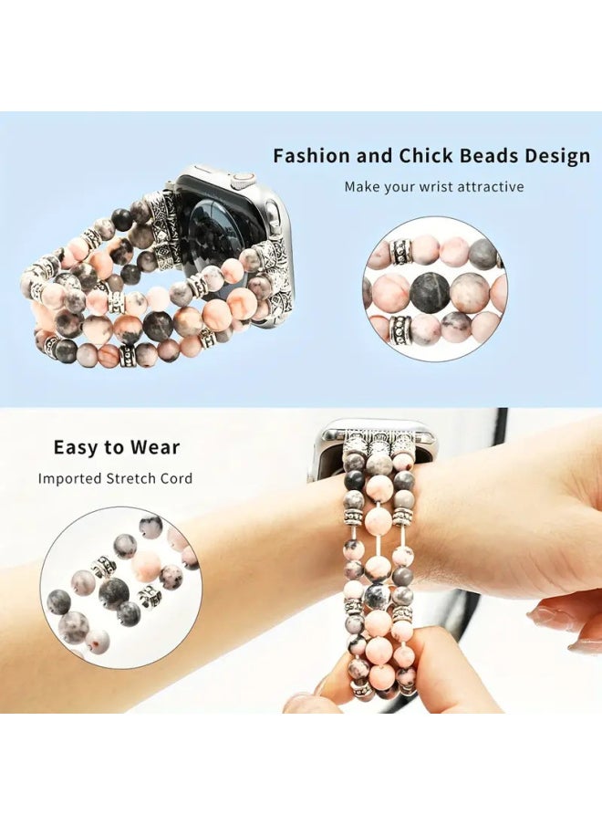 Generic - Beaded Powder Zebra Natural Stone Strap Smart Watch Band For Watch Wristband Series SE/9/8765-color:Pink Zebra Jade Strap: 38/40/41mm - Image 1