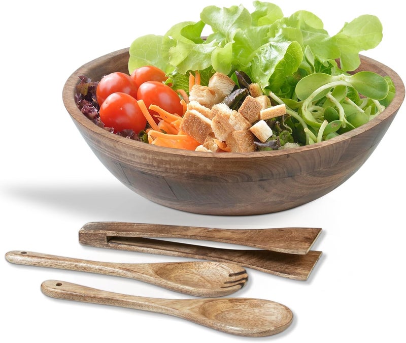 Crocon Wooden Salad Bowls Set Round Serving Bowl for Fruits or Salads Cereal Corn Flake Large Wood Serving Bowl 12 Big Salad Bowl With Serving Utensils - Image 1