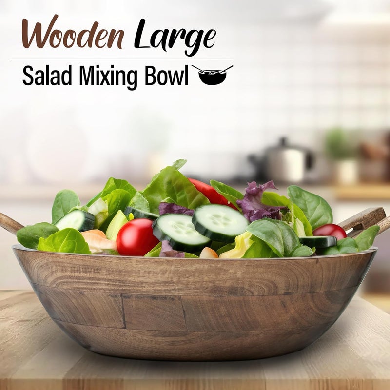 Crocon Wooden Salad Bowls Set Round Serving Bowl for Fruits or Salads Cereal Corn Flake Large Wood Serving Bowl 12 Big Salad Bowl With Serving Utensils - Image 2