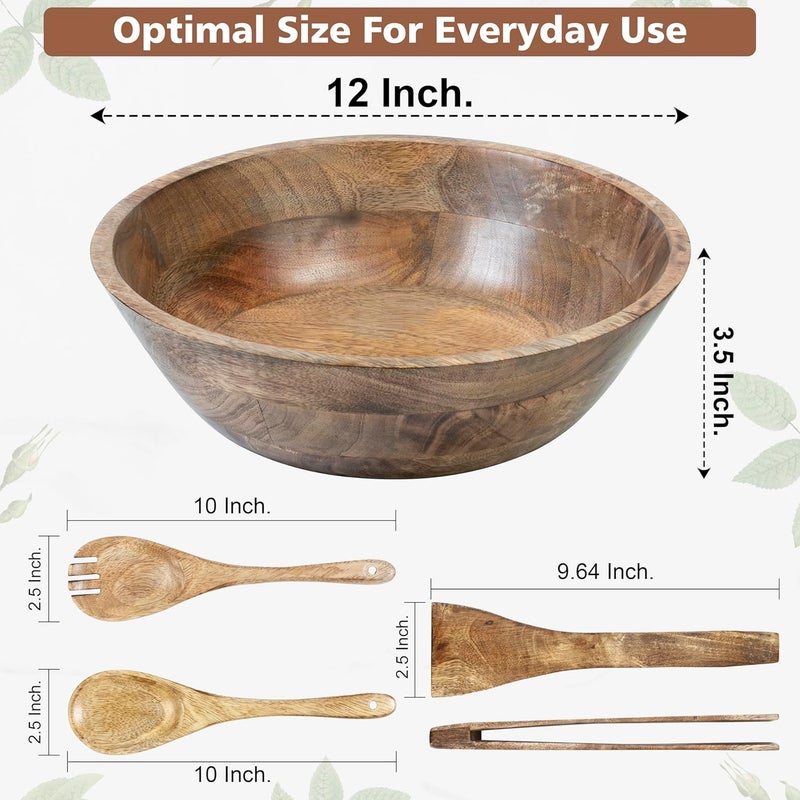 Crocon Wooden Salad Bowls Set Round Serving Bowl for Fruits or Salads Cereal Corn Flake Large Wood Serving Bowl 12 Big Salad Bowl With Serving Utensils - Image 3