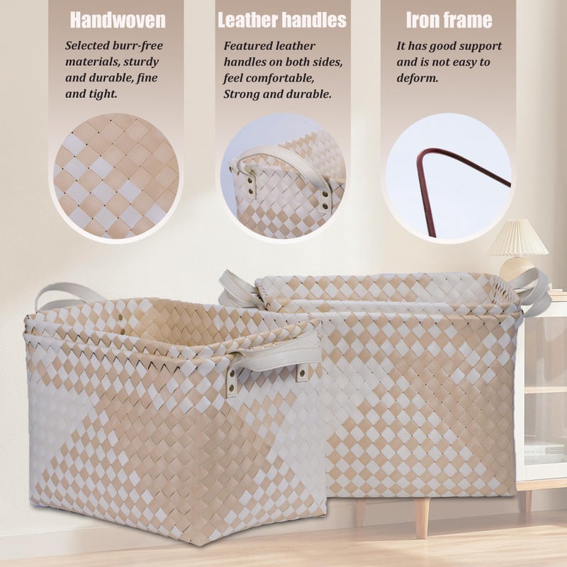 BROWNLILY Handwoven Clothes Basket Laundry Hampers Large Wicker Storage Baskets for Shelves Blankets Closet Storage Bins Car Bedroom Bathroom Organizers and Storage (Pack of 4, Khaki & Ivory White) - Image 2