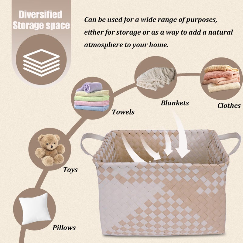 BROWNLILY Handwoven Clothes Basket Laundry Hampers Large Wicker Storage Baskets for Shelves Blankets Closet Storage Bins Car Bedroom Bathroom Organizers and Storage (Pack of 4, Khaki & Ivory White) - Image 5