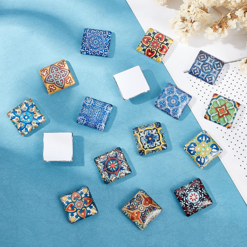 PH PandaHall 1 Inch Square Mosaic Cabochons, 25mm Flower Mosaic Tiles Yoga Pattern Printed Glass Dome Cabochons for Photo Cameo Pendant Craft Jewelry Making Supplies Craft, 48pcs - Image 3