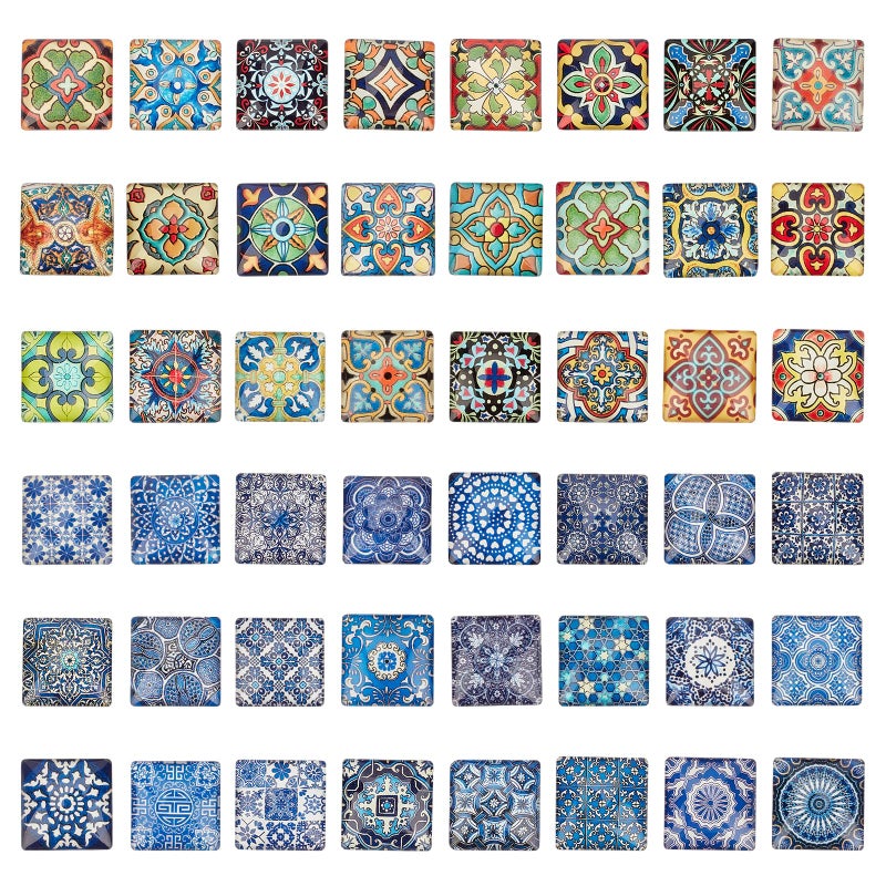 PH PandaHall 1 Inch Square Mosaic Cabochons, 25mm Flower Mosaic Tiles Yoga Pattern Printed Glass Dome Cabochons for Photo Cameo Pendant Craft Jewelry Making Supplies Craft, 48pcs - Image 1