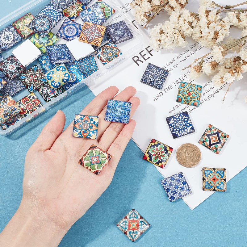 PH PandaHall 1 Inch Square Mosaic Cabochons, 25mm Flower Mosaic Tiles Yoga Pattern Printed Glass Dome Cabochons for Photo Cameo Pendant Craft Jewelry Making Supplies Craft, 48pcs - Image 5