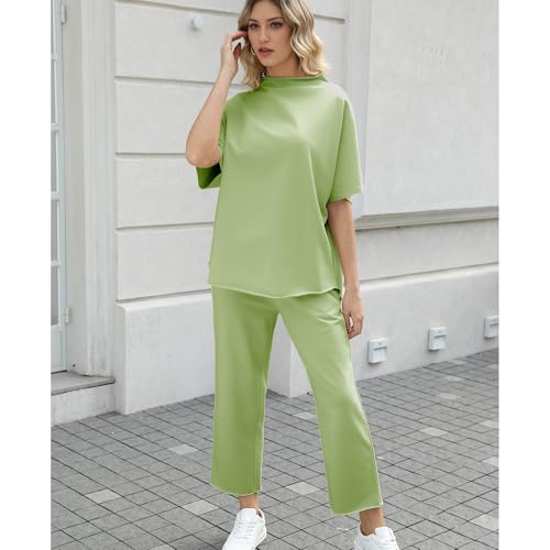 SeeLuNa Women's Two Piece Outfits 3/4 Batwing Sleeve Capelet Crew Neck Pullover Top Wide Leg Pants Lounge Set(Light-Green,S) - Image 5