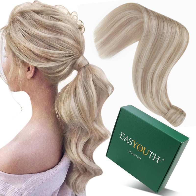 Easyouth Pony Tails Hair Extensions Blonde Ponytail Extensions Human Hair Ash Blonde Highlighted Bleach Blond Real Hair Ponytail Extension No Damage to Hair 12Inch 70g