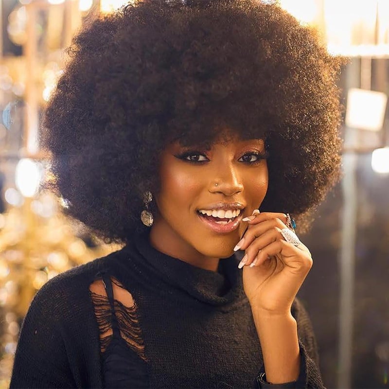 70s Afro Wig for Women Natural Black Short Afro Kinky Curly Wig Glueless Synthetic Wig with Bangs Puffy  Fluffy Bouncy Afro Wig for Daily Cosplay Party