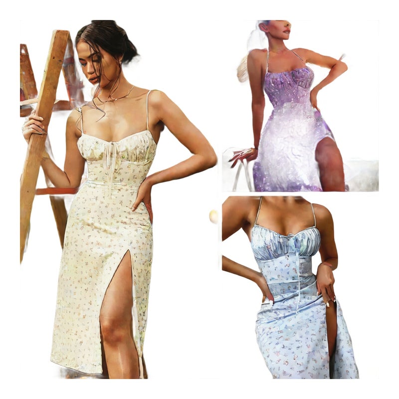 Sexy Floral Print Split Sleeveless Dress for Women - Image 1