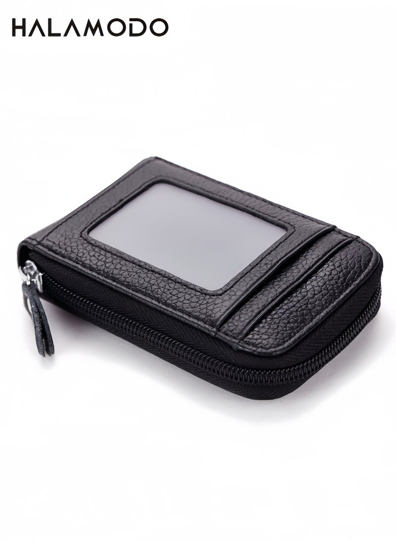 Zipper Card Holder Wallet for Men & Women, PU Leather Multi‑Slot Credit Card Case with Clear ID Window, Compact Mini Coin Purse, Portable Business Card Organizer Pouch for Daily Use