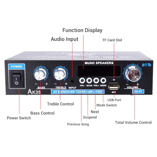WOOPKER AK35 Stereo Amplifier Home Audio Bluetooth 5.0 Max 200W 2.0 Channel Mini Amplifier Stereo Receivers for Car, Home Party, Audio Amplifier AMP w/USB/TF Card/AUX Input/Bass & Treble Control - Image 4