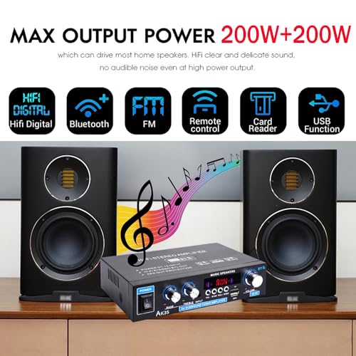 WOOPKER AK35 Stereo Amplifier Home Audio Bluetooth 5.0 Max 200W 2.0 Channel Mini Amplifier Stereo Receivers for Car, Home Party, Audio Amplifier AMP w/USB/TF Card/AUX Input/Bass & Treble Control - Image 2