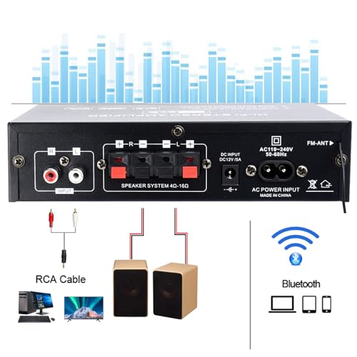 WOOPKER AK35 Stereo Amplifier Home Audio Bluetooth 5.0 Max 200W 2.0 Channel Mini Amplifier Stereo Receivers for Car, Home Party, Audio Amplifier AMP w/USB/TF Card/AUX Input/Bass & Treble Control - Image 5