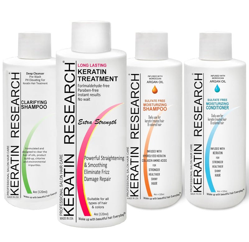 KERATIN RESEARCH New Brazilian & Blowout Straightening Keratin Hair Treatment STRONG FORMULA Parabens-Free Long Lasting Organic Natural Results with Argan Oil Keratina Brasilera (4PC EXTRA STRENGTH) 