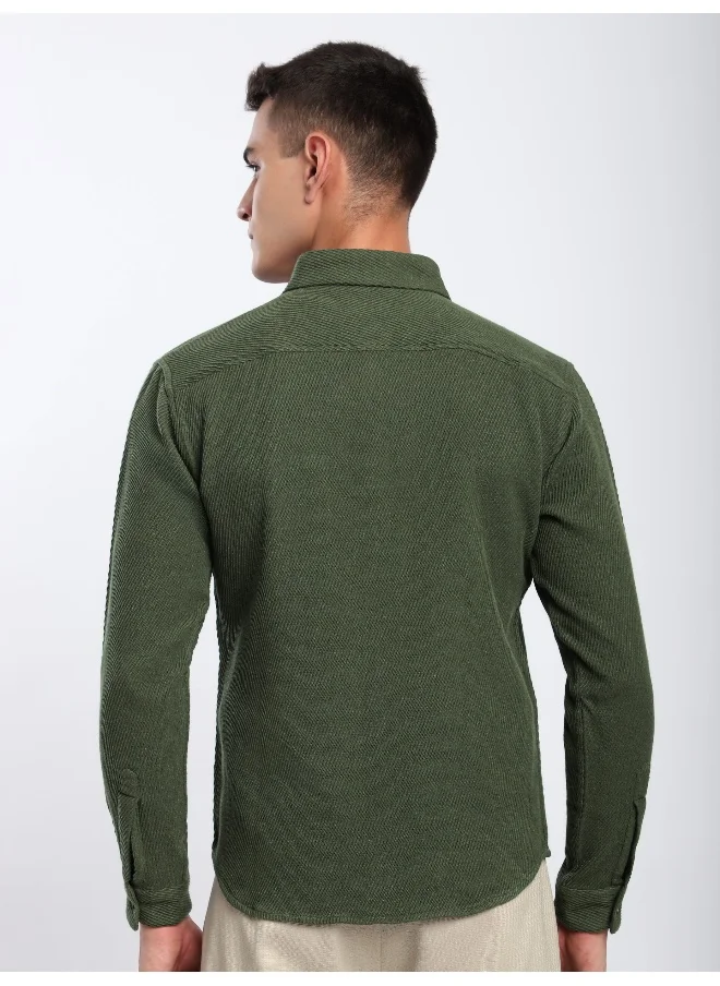 بيونغ Olive Green Diagonal Striped Shirt