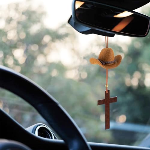 Rislobx Cowboy Hat Car Charm Cowboy Hat for Car Mirror Hanging with Cross Country Car Hanging Pendant Cute Rear View Mirror Hanger Decor for Women Universal Auto Interior Accessories Brown - Image 1