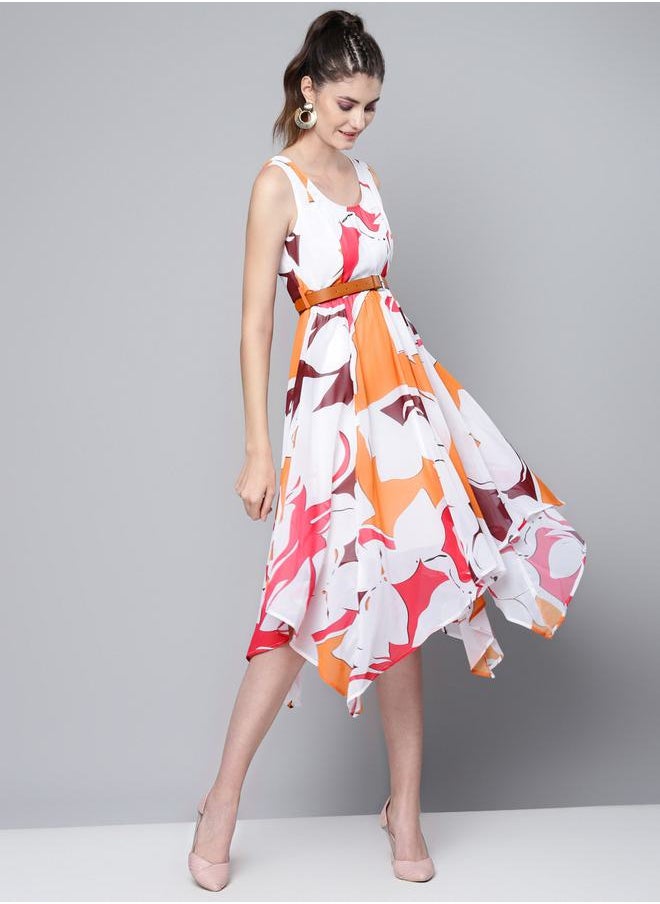SASSAFRAS - Abstract Print Asymmetric Hem Belted Midi Dress by Styli - Image 1
